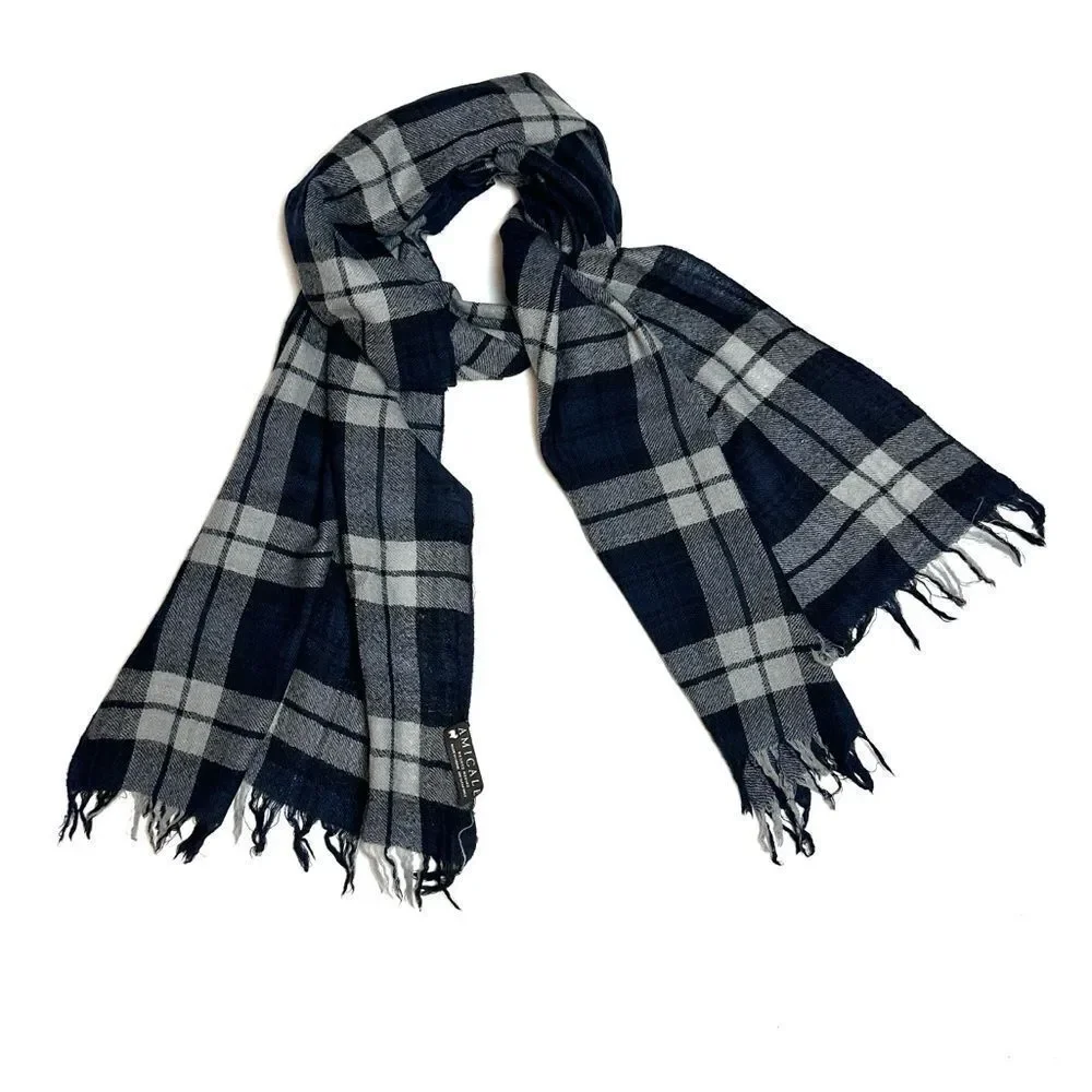 Amicale Wool Large Oblong Scarf Plaid Gray Black Lightweight Men's Women's